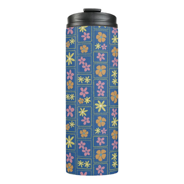 Retro Blaues Patchwork-Blumenmuster Thermosbecher (Vorderseite)