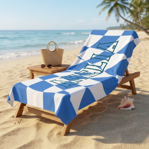 Retro Blaues Wellen-Karo individuelles Namensschil Strandtuch