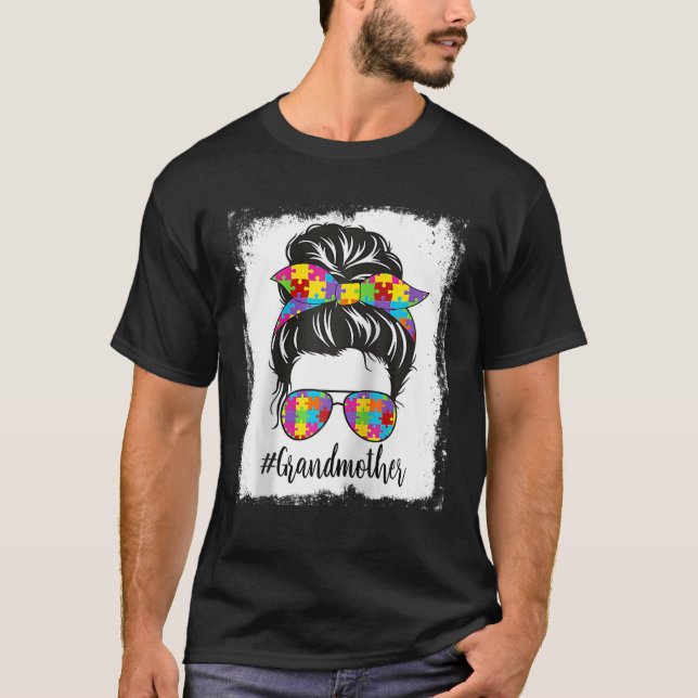 Retro Bleached Autismus Großmutter Messy Bun Autis T-Shirt (Vorderseite)