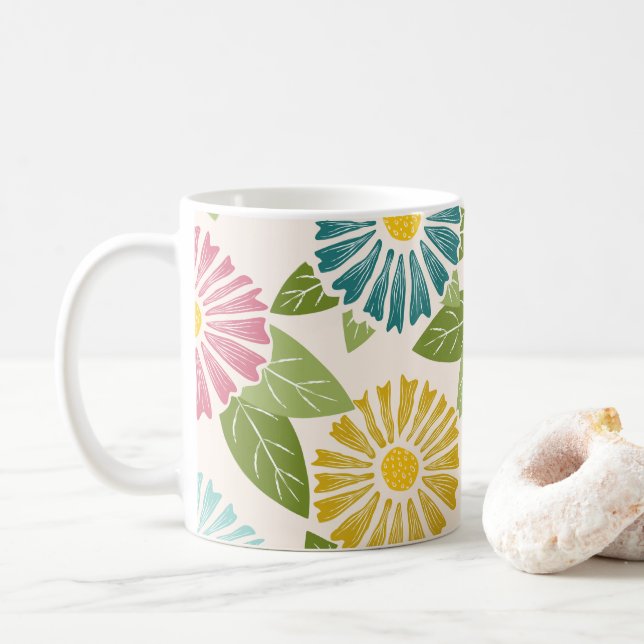 Retro Block Print Daisies Kaffeetasse (Mit Donut)