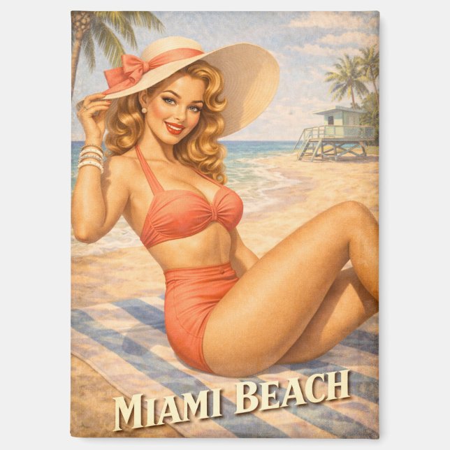 Retro Blonde Beach Girl 1950s Art Magnet (Vorderseite)