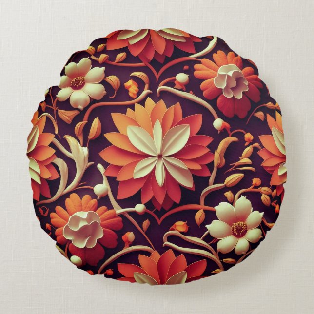 "Retro Bloom - Nahtloses Muster Rundes Kissen (Vorderseite)