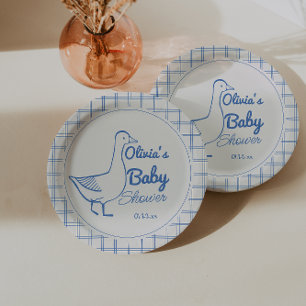 Retro Blue Albern Gänse Hand Drawn Baby Boy Pappteller