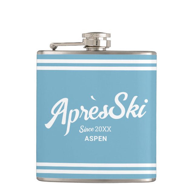 Retro Blue Apres Ski Custom Ski Resort & Year Flachmann (Vorderseite)