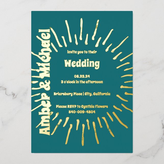 Retro Blue Aquamarin und Gold Sun Wedding Folieneinladung (Vorderseite)