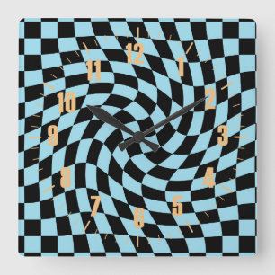 Retro Blue Black Check Warped Checkered Dorm Quadratische Wanduhr