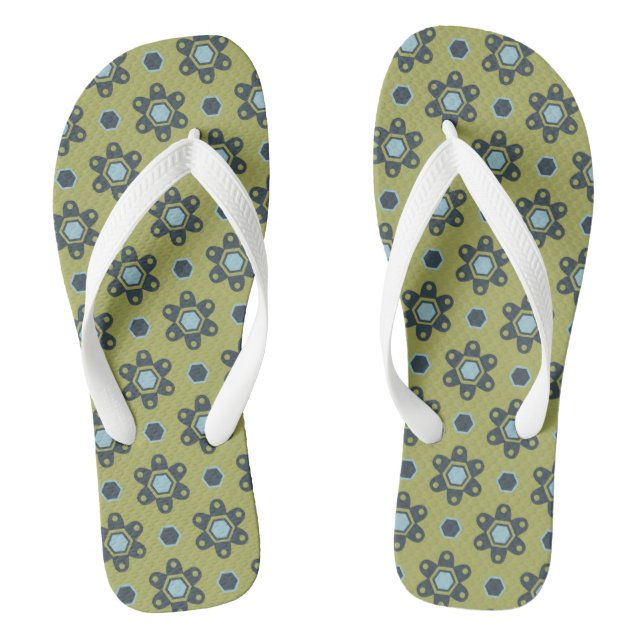 Retro Blue & Black Daisis auf grünem Blumenmuster Flip Flops (Fußbett)