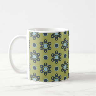 Retro Blue & Black Daisis auf grünem Blumenmuster Kaffeetasse