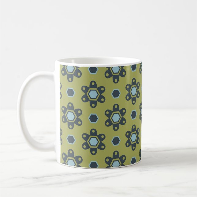 Retro Blue & Black Daisis auf grünem Blumenmuster Kaffeetasse (Links)