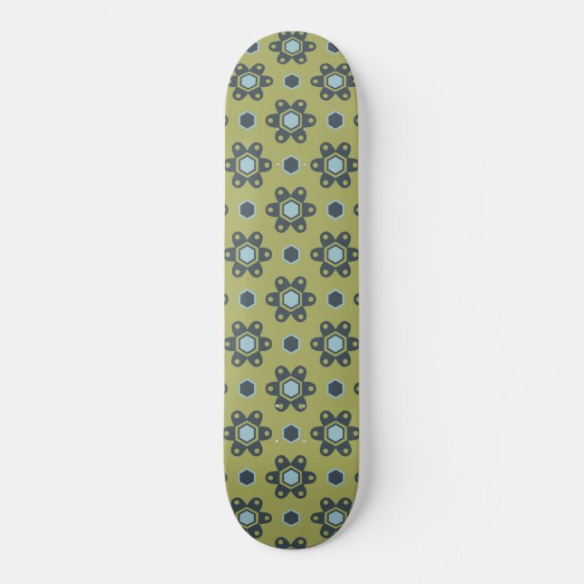 Retro Blue & Black Daisis auf grünem Blumenmuster Skateboard (Vorderseite)