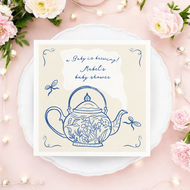 Retro Blue Bows Teekanne Baby Brauen Dusche Serviette (Retro blue bows teapot baby is brewing shower napkins)