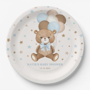 Retro Blue Brown Teddy Bären Balloons Boy Party Pappteller