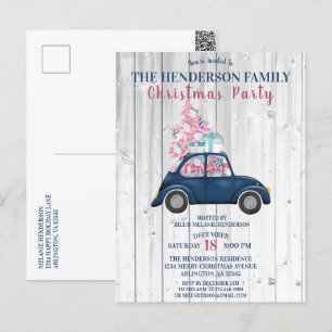 Retro Blue Car Pink Weihnachten Weihnachten Party Postkarte