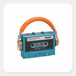 Retro Blue Cassette Tape with Orange Headphones St Quadratischer Aufkleber
