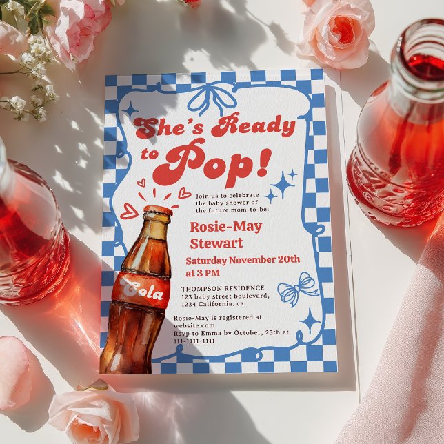 Retro Blue Checker Ready to Pop Cola Baby Shower Einladung (Retro Blue Checker Ready to Pop Cola Baby Shower Invitation)