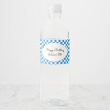 Retro Blue Checkerboard Water Bottle Labels