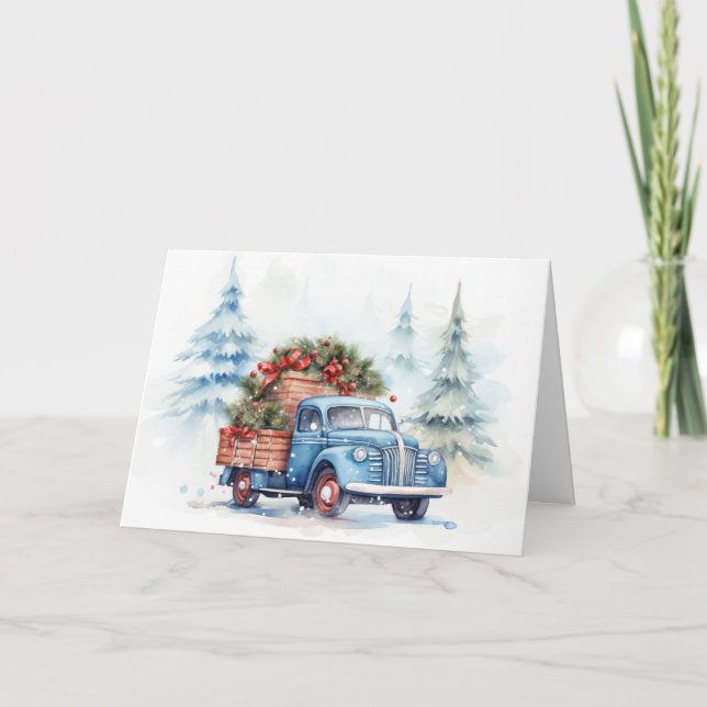 Retro Blue Christmas Truck Feiertagskarte (Vorderseite)