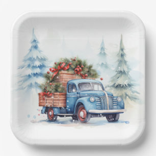 Retro Blue Christmas Truck Pappteller