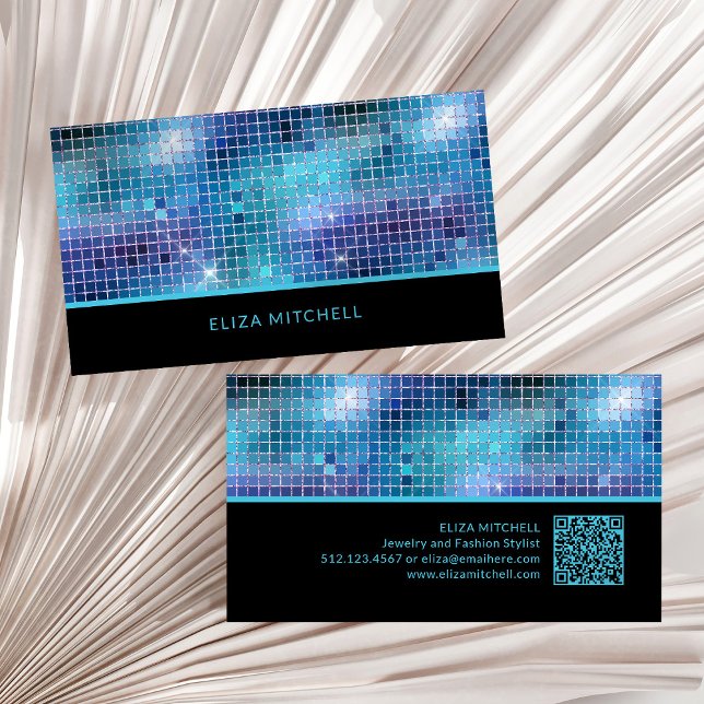 Retro Blue Disco Ball Mirror | QR-Code Visitenkarte (A glam, disco ball inspired business card with bright blue, turquoise and black and a QR code)