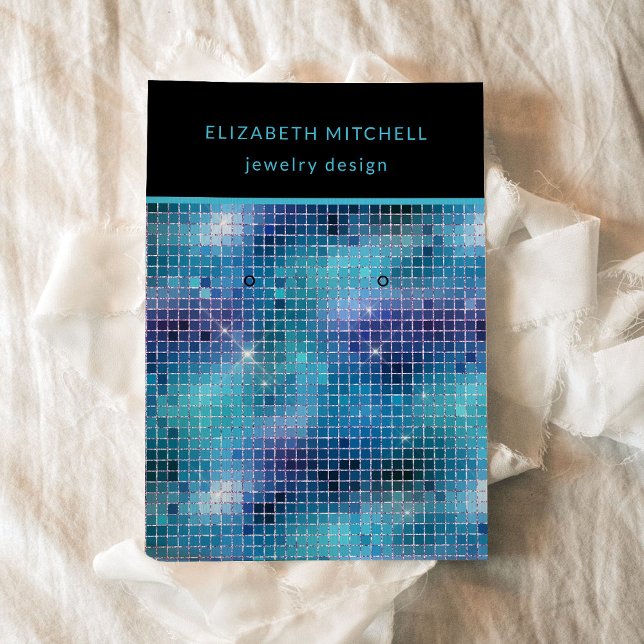 Retro Blue Disco | Earring Display Card Visitenkarte (A glam, disco inspired earring display card in blue, turquoise, and black)