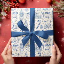 Retro Blue Doodle Weihnachtswrapping Paper
