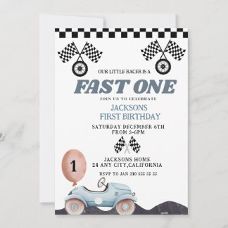 Retro Blue Fast one Boy 1st Birthday Car Boys Einladung