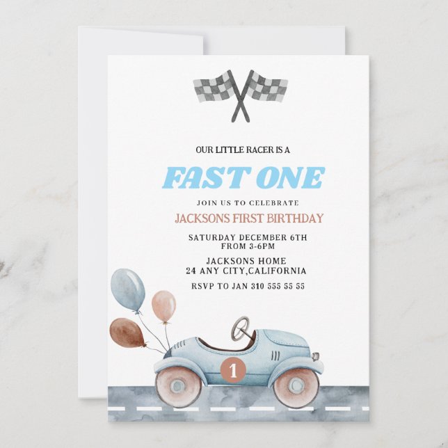 Retro Blue Fast one Boy 1st Birthday Car Boys Einladung (Vorderseite)