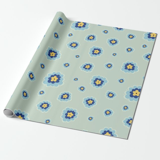 Retro Blue Floral Geschenkpapier (Ungerollt)