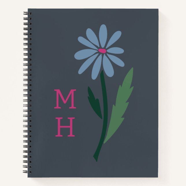 Retro Blue Floral Pink Monogram Slate Gray Notizbuch (Vorderseite)