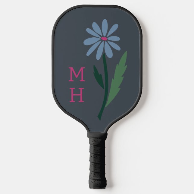 Retro Blue Floral Pink Monogram Slate Gray Pickleball Schläger (Vorderseite)