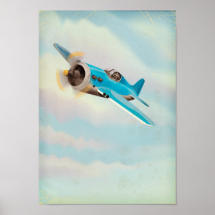 Retro Blue Flugzeug Poster