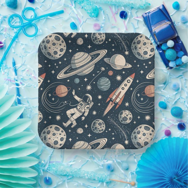 Retro Blue Galaxy Exploration Pappteller (Party)