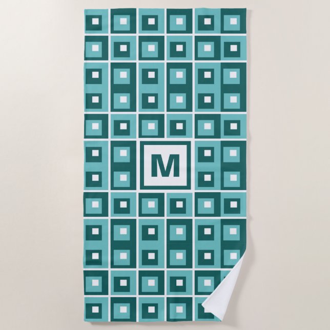 Retro Blue Geometric Squares Pattern Monogram Strandtuch (Vorderseite)