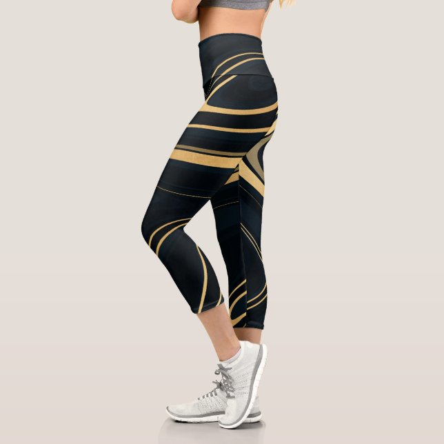 Retro Blue Gold Swirl Liquid Painting Design Capri Leggings (Links)