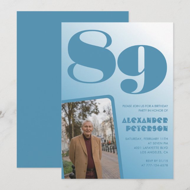 Retro Blue Gradient Foto 89. Geburtstag Einladung (Vorne/Hinten)