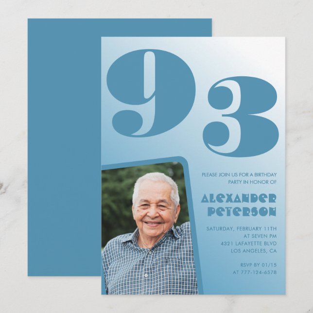 Retro Blue Gradient Foto 93. Geburtstag Einladung (Vorne/Hinten)
