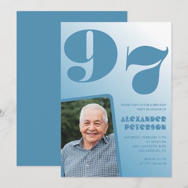 Retro Blue Gradient Foto 97. Geburtstag Einladung (Vorne/Hinten)