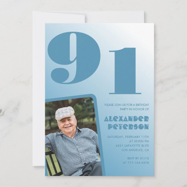 Retro Blue Gradient Foto Männer 91. Geburtstag Einladung (Vorderseite)