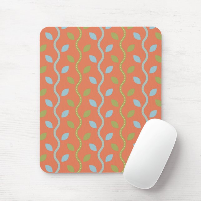 Retro Blue & Green Vines auf orangefarbenem Muster Mousepad (Mit Mouse)