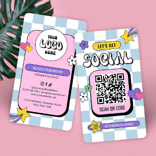 Retro Blue Groovy Logo Social Media QR Code Visitenkarte