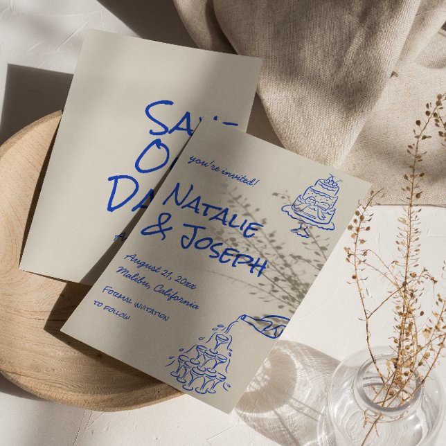 Retro Blue Hand Drawn Champagne Tower Cake Wedding Save The Date (Von Creator hochgeladen)