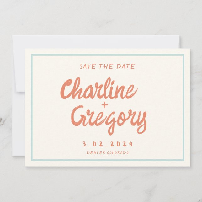 Retro Blue Handwriting Wedding Save the Date Einladung (Vorderseite)