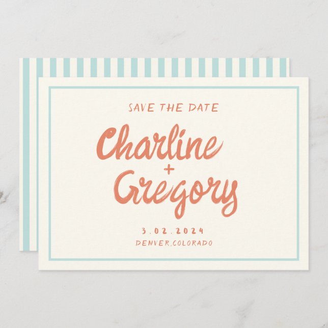 Retro Blue Handwriting Wedding Save the Date Einladung (Vorne/Hinten)