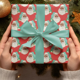 Retro Blue Hat Black Santa Red Xmas Wrapping Paper Geschenkpapier