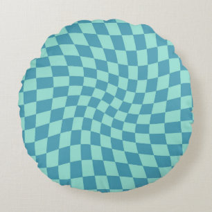 Retro Blue Karos Warped Checkered Dorm Rundes Kissen