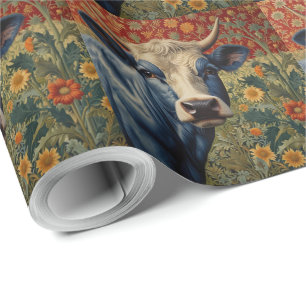 Retro Blue Kuh im Sonnenblumengarten Geschenkpapier