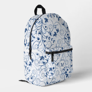 Retro Blue Leaf Swirl Muster Monogramm Bedruckter Rucksack