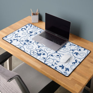 Retro Blue Leaf Swirl Muster Monogramm Schreibtischunterlage