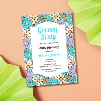 Retro Blue Lila Floral Groovy 60. Geburtstag Einladung