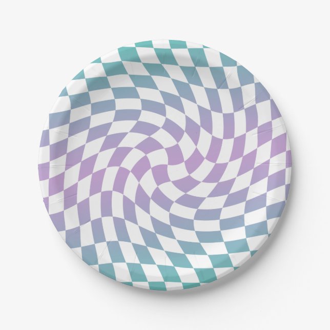 Retro Blue Lilac Karos Warped Checkerboard Pappteller (Vorderseite)